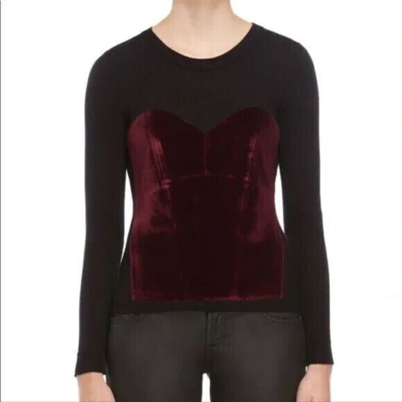 Milly New York Women's Sz M Black/Maroon Velour/Knit Corsetry Pullover Sweater - Picture 8 of 8